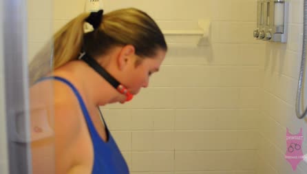 10jess Ziptied Shower Blue Speedo - Jess has Her hands and ankles are zip tied  she is also ballgaged. she is ****** to take a shower while wearing a speedo one piece swimsuit